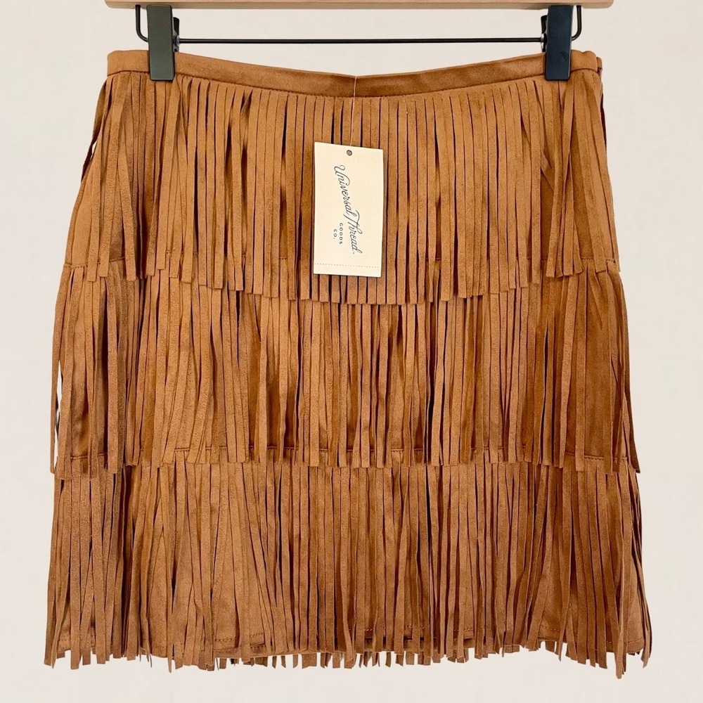 Universal Thread Cognac Brown Faux Suede Tiered Fringe Mini Skirt Womens 6 NEW - Picture 3 of 7